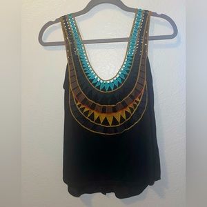 Daytrip embroidered back button front tank black turquoise brown and red size S
